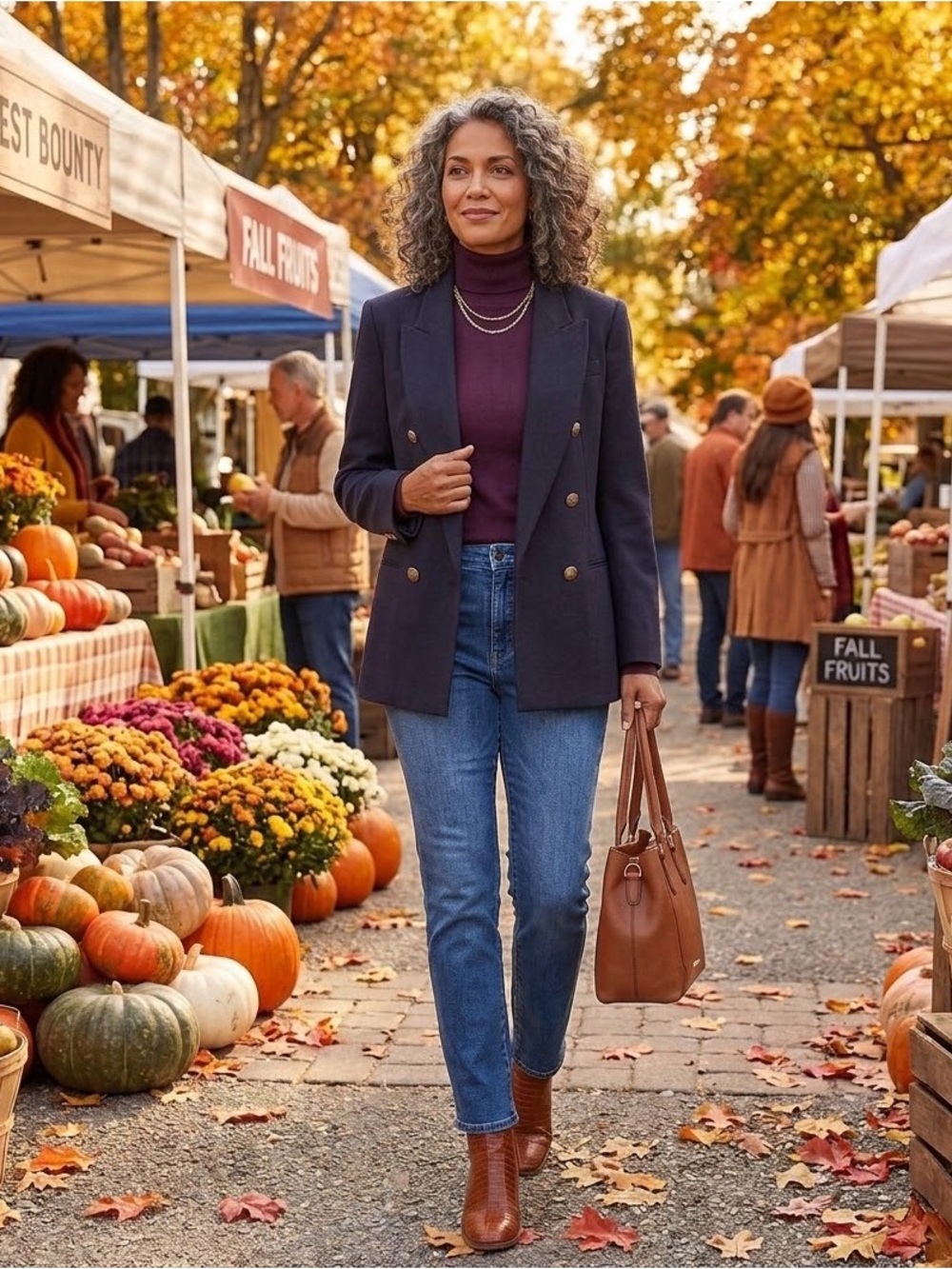 Stephanie Andrew’s Tailored Double-Breasted Navy Blazer with Gold Buttons